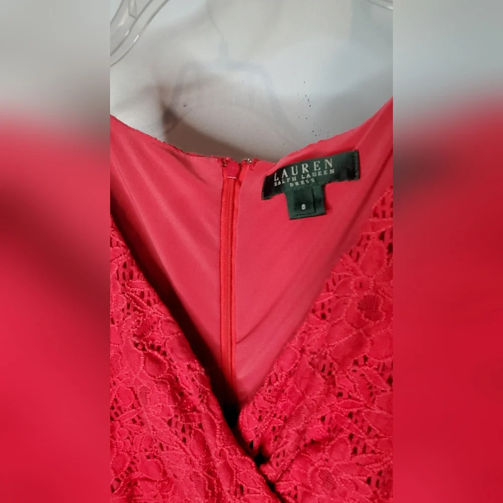 Lauren Ralph Lauren Coral Red Lace Sheath Dress Size 8 Cocktail Wedding Feminine - Picture 3 of 7